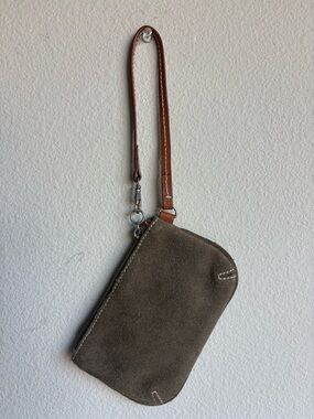 Suede Wristlet Clutch in Olive Brown with Leather Strap